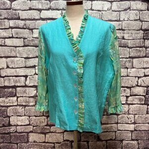 Taylor G Vintage Aqua, White & Green Button Down Blouse Size XL